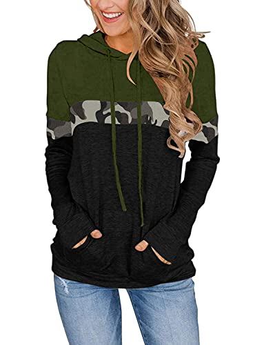 CZIMOO Hoodie Damen Oversized Sweatshirt Langarm Farbblock Kapuzenpullover mit Kordelzug Grün Camo Pulli L von CZIMOO