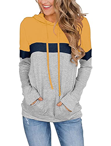 CZIMOO Langarm Hoodie Farbblock Sweatshirts Herbst Casual Damen Kapuzenpulli mit Kordelzug Gelb Blau Tops XL von CZIMOO