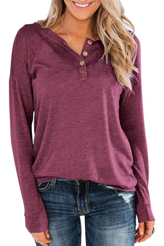 CZIMOO Pullover Damen Herbst Langarm Bluse Tuniken für Damen Casual Oberteile mit V-Ausschnitt Einfarbig Sweatshirt Tops Purpurrot L von CZIMOO