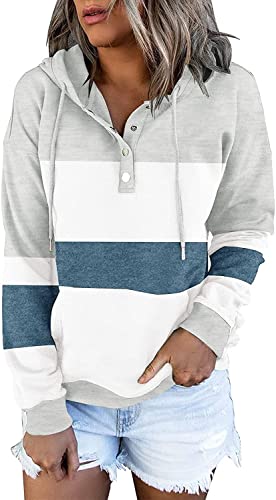 CZIMOO Pullover Damen Hoodie Herbst Lässig Kapuzenpullover Elegant Knopfleiste Pullover mit Kapuze Kordelzug Farbblock Damen Hoodie Blau XL von CZIMOO