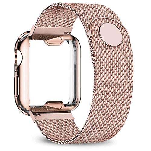 CZKE Gehäus+Armband für Apple Watch Band 40mm 44mm 38mm 42mm Überzogenes Gehäuse + Metallgürtel Edelstahlarmband Für i-watch-Serie 7 6 5 4 3 2 se (Color : Rose gold, Size : 38-40mm) von CZKE