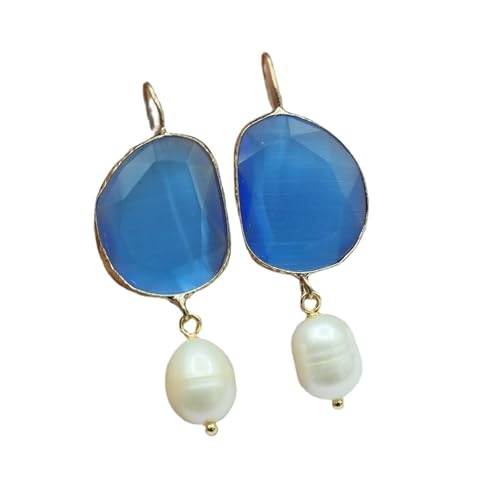 CZMDKEXM Blue White Rice Pearl Dangle Earrings Gold Plated Hook von CZMDKEXM