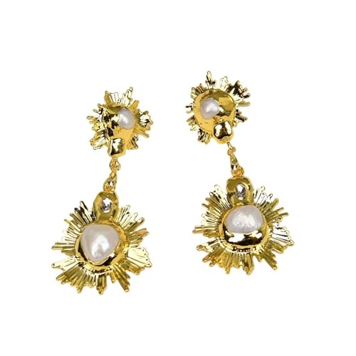 CZMDKEXM White Pearl Clear Quartz Flower Yellow Plated Dangle Earrings Gifts For Women von CZMDKEXM