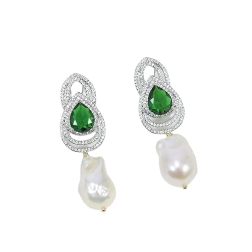 CZMDKEXM White Pearl Green Paved Stud Dangle Earrings von CZMDKEXM