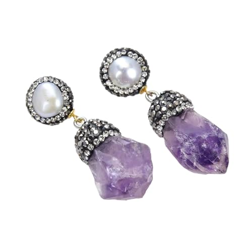 CZMDKEXM White Pearl Purple Amethyst Rough Crystal Paved Silver Stud Earrings von CZMDKEXM