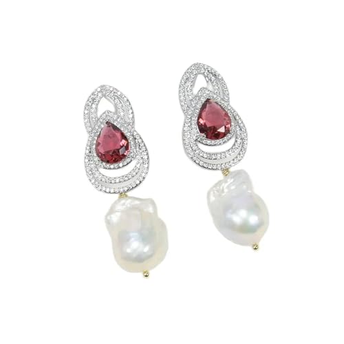 CZMDKEXM White Pearl Red Paved Stud Earrings von CZMDKEXM