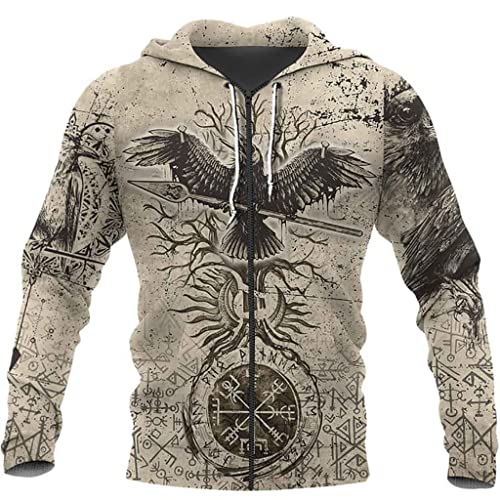CZMYCBG 3D-Gedruckter Wikinger-Fleece-Kapuzenpullover Für Herren, Retro-Mode-Hoodies, Nordische Mythologie, Langarm-Pullover,Zip,L von CZMYCBG