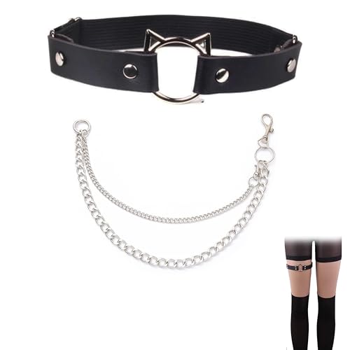 CZNBZIU 2 Stück Leder Bein Strumpfband Damen Verstellbar Punk Gothic Strumpfband Schwarz Rosa Anti Rutsch Clip Strumpfhalter Halloween Karneval Cosplay Party Zubehör von CZNBZIU