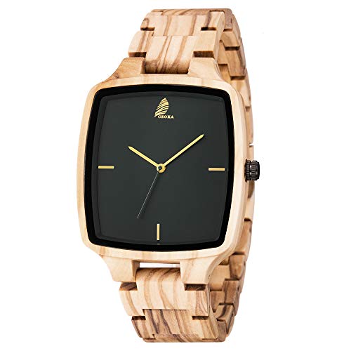 CZOKA Herren Damen Unisex Eckige Holzuhr, Natürliche Ebenholz Holz Armbanduhr Analog Quarzwerk mit Holzarmband Verstellbarem, Datumsanzeige mit DREI Datumsangaben, Nachhaltig, Handgefertigt von CZOKA