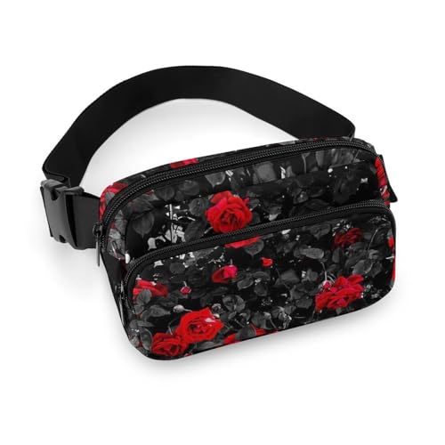 Bauchtaschen Damen Herren Multifunktions Hüfttasche Groß Viele Rosen Bauchtasche für Wandern Hund Spazierengehen Laufen Reisen, Dark Night Bright Rose, 20x13cm von CZZYH