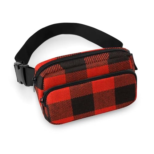 Bauchtaschen Damen Herren Multifunktions Hüfttasche Groß Viele Rosen Bauchtasche für Wandern Hund Spazierengehen Laufen Reisen, Schwarz Rot Kariert, 20x13cm von CZZYH