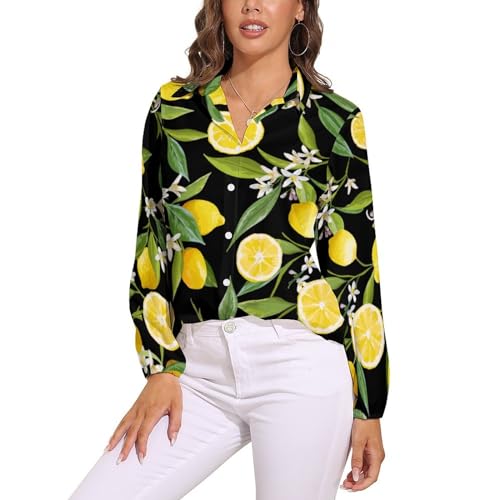 CZZYH Damen Langarm Tops Blumen Blatt Zitrone Damen Blusen und Shirts, Blumenblatt, Zitrone, Large von CZZYH