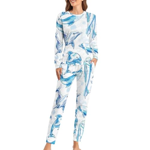 CZZYH Damen-Pyjama-Sets mit Taschen, weicher Rundhalsausschnitt, Damen-Pyjama, Aquarell-süßer Delfin-Pyjama für Frauen, Aquarell Niedlicher Delphin, 6X-Large von CZZYH