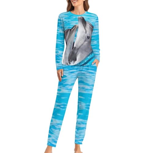CZZYH Damen Pyjama-Sets mit Taschen, weicher Rundhalsausschnitt, Damen-Pyjama, Wasserspielender Delfin-Pyjama für Frauen, Wasser Spielen Delphin, 46 von CZZYH