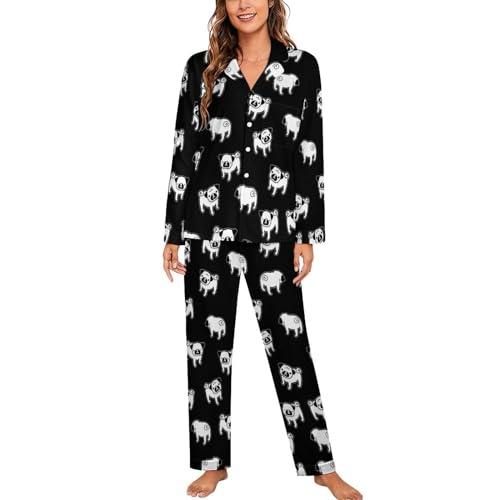 CZZYH Damen Pyjama-Sets mit Taschen, weicher V-Ausschnitt, Damen-Pyjama, schwarz-weißer Cartoon-Mops-Schlafanzug für Frauen, Schwarz Weiß Cartoon Mops, 42 von CZZYH