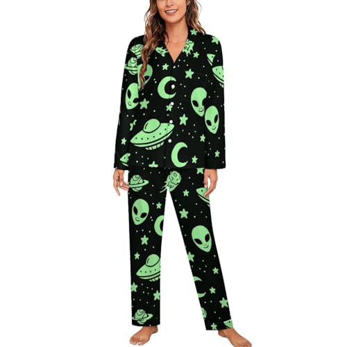 CZZYH Damen-Pyjama-Sets mit Taschen, weicher V-Ausschnitt, Mond-Cartoon-Alien-Schlafanzug für Frauen, Mond Cartoon Alien, 38 von CZZYH