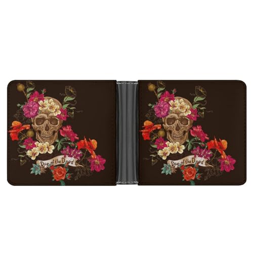 CZZYH Herren Geldbörse, Bifold PU Leder Geldbörsen für Männer, Vine Rose Skull Geldbörse, Kranz Schädel, Einheitsgröße von CZZYH