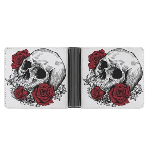 CZZYH Herren Geldbörse, Bifold PU Leder Geldbörsen für Männer, Vine Rose Skull Geldbörse, Wunderschöne Rose und Totenkopf, Einheitsgröße von CZZYH