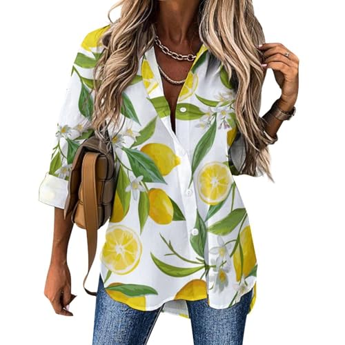 CZZYH Unregelmäßiger Saum Damen Langarm Tops Blume Blatt Zitrone Damen Blusen und Shirts, Blumenblatt, Zitrone, Large von CZZYH