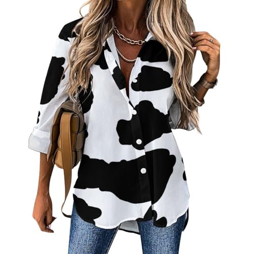 CZZYH Unregelmäßiger Saum Damen Langarm Tops Kuh Punkte Damen Blusen und Shirts, Kuhflecken, L von CZZYH