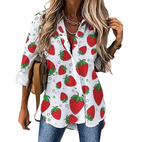 CZZYH Unregelmäßiger Saum Damen Langarm Tops Rot Cartoon Erdbeere Damen Blusen und Shirts, Rote Cartoon-Erdbeere, XXX-Large von CZZYH