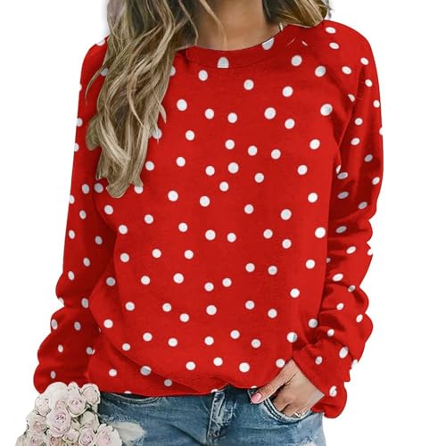 Casual Crewneck Sweatshirt, Damen Langarm, Rot Weiß Runde Punkte Frauen Sweatshirts, Rot Weiß Runde Punkte, 48 von CZZYH