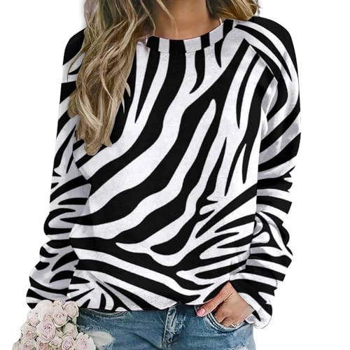 Casual Crewneck Sweatshirt, Damen Langarm, Weiß Schwarz Einfache Zebra Damen Sweatshirts, Weiß Schwarz Einfaches Zebra, 48 von CZZYH