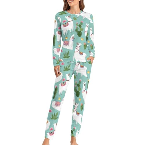 Damen-Pyjama-Sets mit Taschen, weicher Rundhalsausschnitt, Damen-Pyjama, Kaktus, Cartoon-Alpaka-Schlafanzug für Frauen, Kaktus-Cartoon-Alpaka, 48 von CZZYH