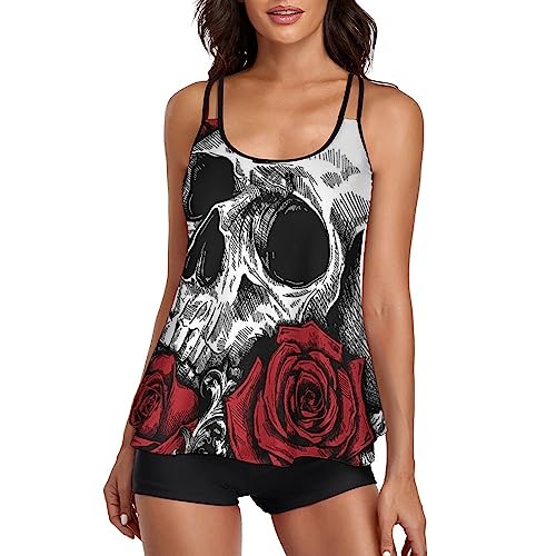 Damen Tankinis, Badeanzug, Badeanzug Frauen, Wunderschöne Rose und Totenkopf Bikini für Schwimmen, Tauchen, Strand, Wunderschöne Rose und Totenkopf, 52 von CZZYH