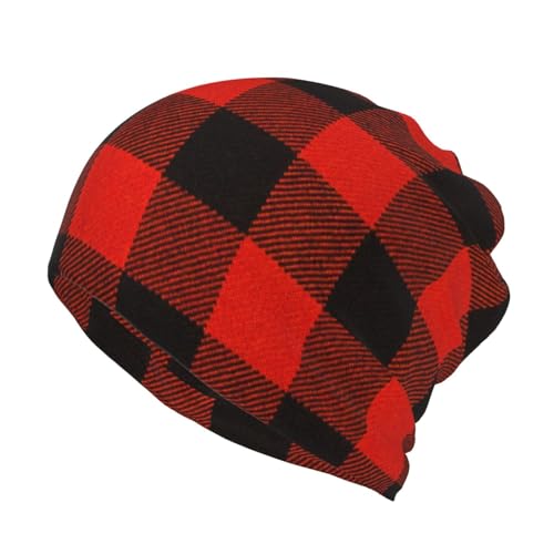 Doppellagige Beanie-Mütze Schwarz Rot Kariert Beanie von CZZYH