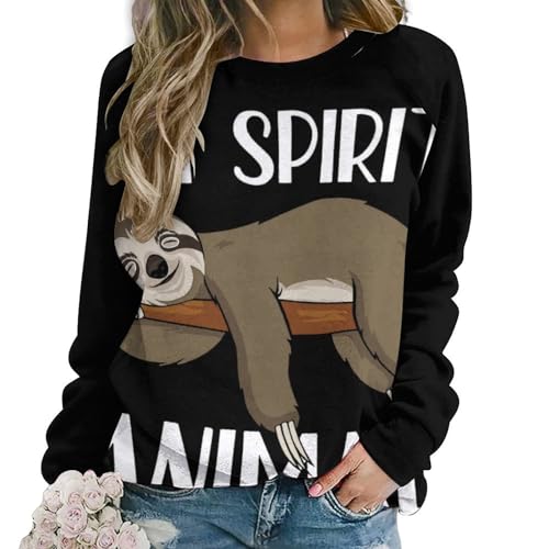 Lässiges Sweatshirt mit Rundhalsausschnitt, langärmelig, schlafendes Cartoon-Faultier-Sweatshirt für Damen, Schlafendes Cartoon-Faultier, 38 von CZZYH