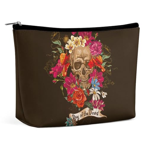 Make-up-Tasche aus PU-Leder, tragbare Kosmetiktaschen, Rosen-bedeckter Totenkopf-Waschbeutel für Männer und Frauen, Totenkopf-Kranz, Einheitsgröße von CZZYH