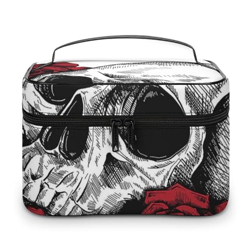 PU Leder Make-up Tasche, tragbare Kulturtasche Rose Diamant und Schädel Kulturbeutel für Männer & Frauen, Wunderschöne Rose und Totenkopf, 25x18x15cm von CZZYH