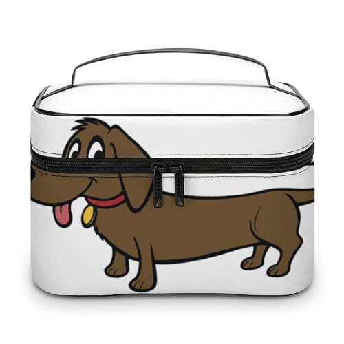 PU-Leder-Make-up-Tasche, tragbare Waschtasche, weiß-brauner Huhn-Kulturbeutel für Männer und Frauen, Brauner langer Cartoon-Hund, 25x18x15cm von CZZYH