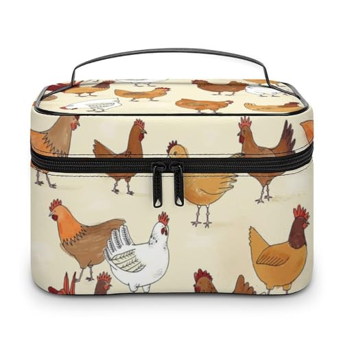 PU-Leder-Make-up-Tasche, tragbare Waschtasche, weiß-brauner Huhn-Kulturbeutel für Männer und Frauen, Weißes braunes Huhn, 25x18x15cm von CZZYH