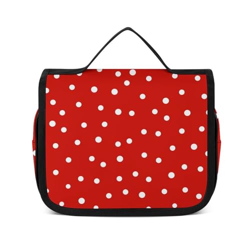 Reise-Kulturbeutel, tragbare Make-up-Tasche, Camp Bear Deer Kulturbeutel für Damen und Herren, Rot Weiß Runde Punkte, 22.5x18.5cm von CZZYH