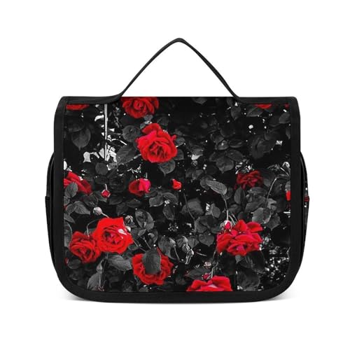 Reise-Kulturbeutel, tragbare Make-up-Tasche, Katze, digitaler Totenkopf-Kulturbeutel für Damen und Herren, Dark Night Bright Rose, 22.5x18.5cm von CZZYH