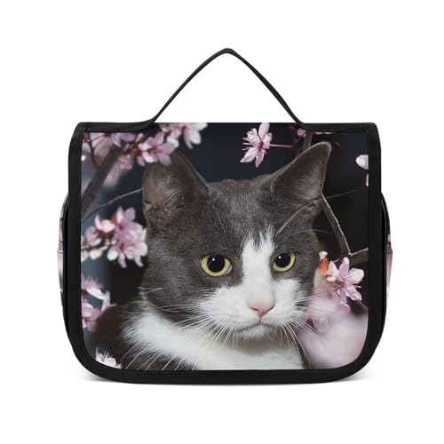 Reise-Kulturbeutel, tragbare Make-up-Tasche, Regenbogen-Cartoon-Einhorn-Kulturbeutel für Damen und Herren, Blume Würdevolle Katze, 22.5x18.5cm von CZZYH