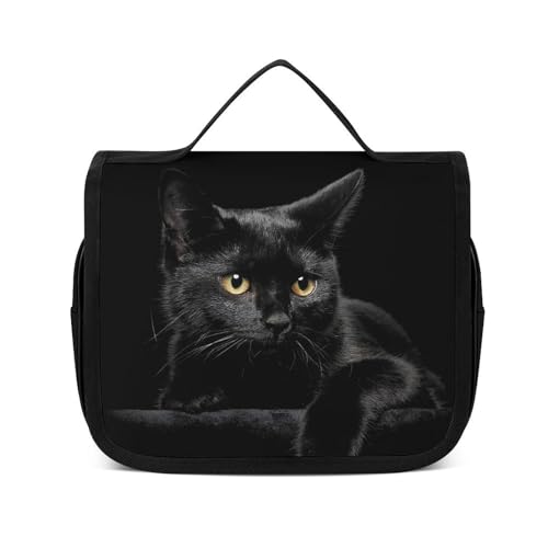 Reise-Kulturbeutel, tragbare Make-up-Tasche, schwarze Katze, Kulturbeutel für Männer und Frauen, Schwarze Katze starren, 22.5x18.5cm von CZZYH