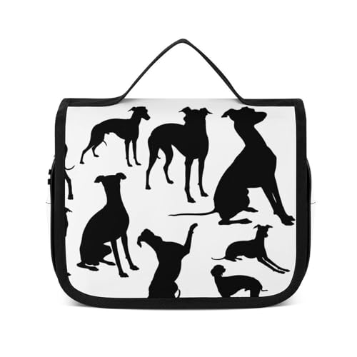 Reise-Kulturbeutel, tragbare Make-up-Tasche, schwarze Katze, Kulturbeutel für Männer und Frauen, Schwarzer dünner Hund, 22.5x18.5cm von CZZYH