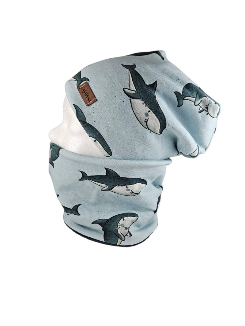 Shark Blau, Set Beanie Mit Passenden Loopschal Oder Einzeln, Übergangszeit Winter, Set Solo, Geschenke Für Weihnachten, Herbst von CaJaLenaDesign