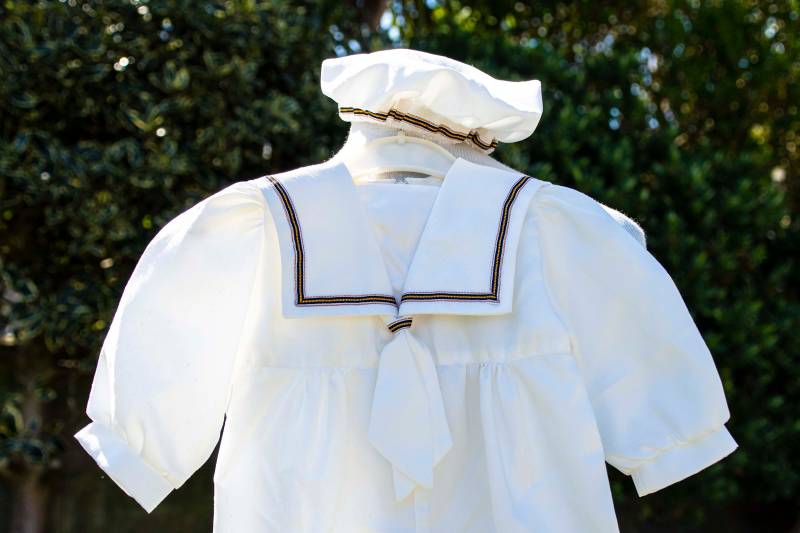 Vintage Taufdesigner Seide Matrose & Barett Taufe Strampler Alter /6/9 Monate von CabbagePatchDesign