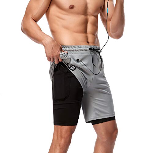 Cabeen Herren 2 in 1 Sport Running Shorts Laufshorts Sporthose Atmungsaktiv Fitness Hose mit 1 Reißverschlusstasche + 2 Seitentaschen von Cabeen