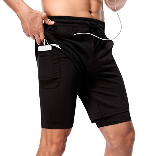 Cabeen Herren 2 in 1 Sport Running Shorts Laufshorts Sporthose Atmungsaktiv Fitness Hose mit 1 Reißverschlusstasche + 2 Seitentaschen von Cabeen