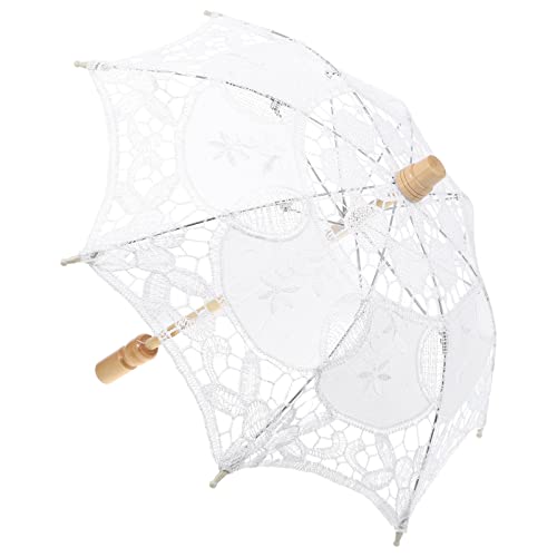 Hochzeit Spitze Regenschirm Weißer Brautschirm Vintage Spitzenschirm Hochzeitsschirm Holzgriff Damen Stockschirm Halloween Dekoration Foto Requisiten Prop Braut Party Deko von Cabilock