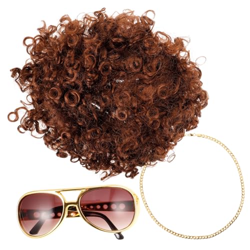 Cabilock Jahre Disco Perücke mit Realistischer Perücke Sonnenbrille und Goldfarbener Halskette Leichtes Cosplay Kostüm Zubehör für Karneval Halloween Party Erwachsene und Jugendliche von Cabilock