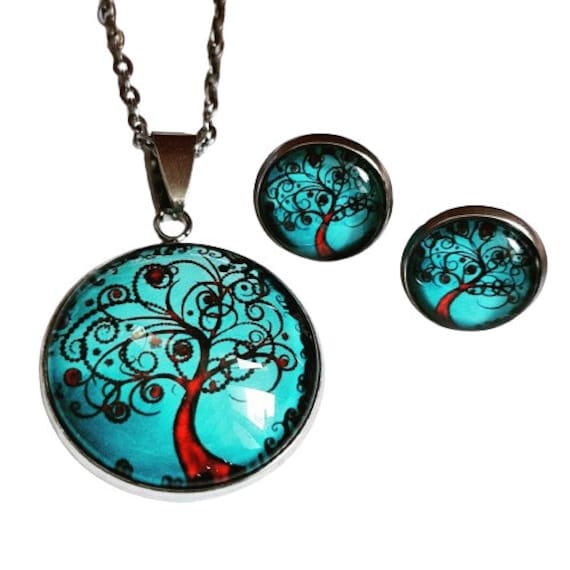 Edelstahl Schmuckset Lebensbaum Türkis Rot Ohrstecker Oder Ohrclips Halskette Auch Einzeln Bestellbar + 925Er Silber Sterlingsilber von Cabochon4you