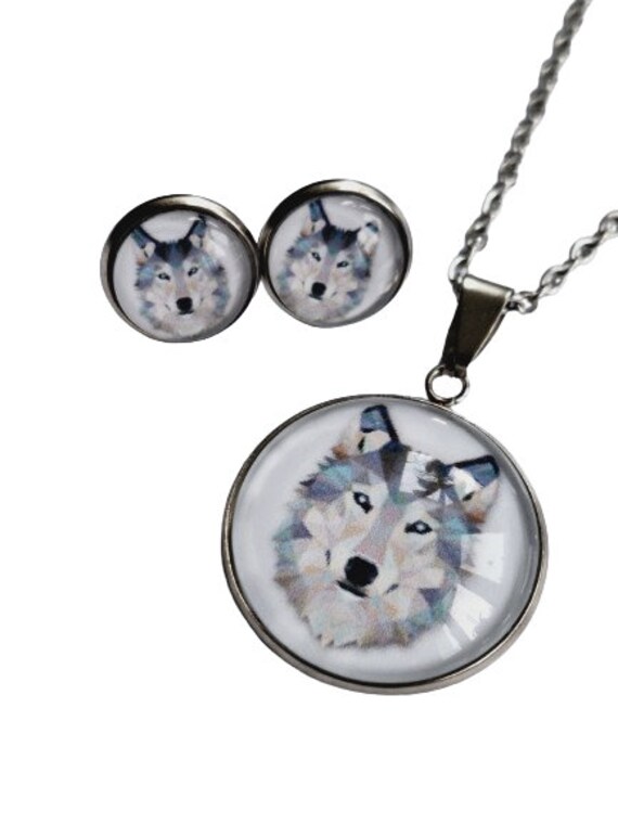 Edelstahl Schmuckset Wolf Origami Grau Stecker Oder Ohrclips Halskette Auch Einzeln Bestellbar + 925Er Silber Sterlingsilber von Cabochon4you