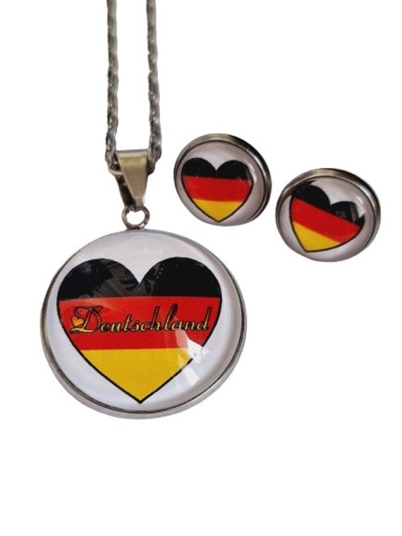 Schmuckset Deutschland Schwarz Rot Gold Liebe Oder Ohrclips Halskette Auch Einzeln Bestellbar Edelstahl + 925Er Silber Sterlingsilber von Cabochon4you