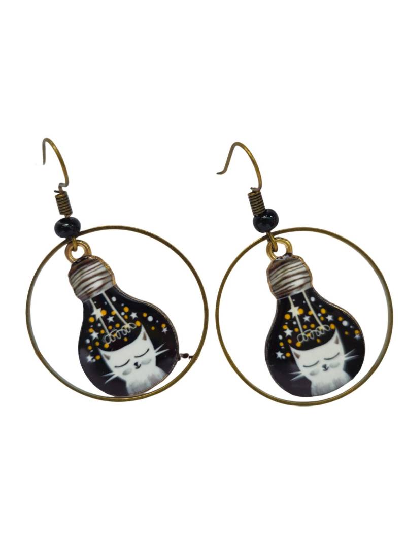 Hängende Ohrringe Glühbirne Weiße Katze Bronze Emailliertes Metall Retro Vintage Humor Hängende Ohrringe Glühbirne Weiße Katze Bronze Emailliertes Metall Retro Vintage Humor von CabochonBlueJean